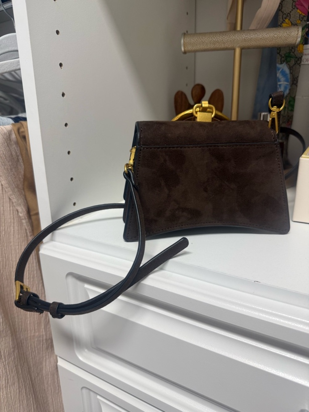 Aldo Dark Brown Suede Crossbody with Gold Ring Accent - Picture 2 of 3